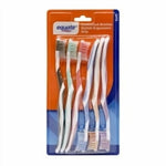 Slightly blurred frontal image of Equate six-pack toothbrushes in orange and blue blister package