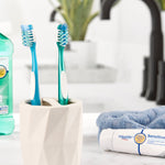Two Equate manual toothbrushes in a bathroom cup with blurred sink and toiletry props in the background