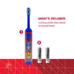 Red and blue Equate Transformers kids electric toothbrush with two AAA batteries shown beside it and 'what's included' text