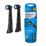 Two black Equate Trios replacement brush heads shown next to retail blue packaging on white background.
