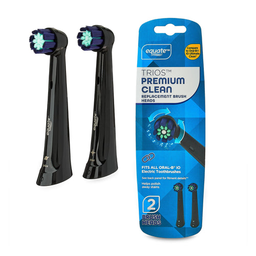 Two black Equate Trios replacement brush heads shown next to retail blue packaging on white background.