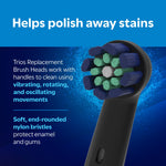 Close-up of a black Equate Trios brush head showing multi-colored bristles with product benefit text on blue background.