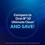 Blue promotional graphic reading 'Compare to Oral-B iO Ultimate Clean AND SAVE!' with circular design elements.