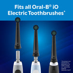 Three black Equate Trios replacement brush heads displayed above three compatible electric toothbrush handles on blue gradient background.