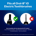 Graphic showing which Oral-B handle styles are compatible with Equate Trios heads, with check and cross icons on blue background.