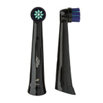 Front and side product studio photo of two black Equate Trios replacement brush heads showing bristle detail.