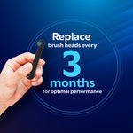 Hand holding a black Equate Trios brush head beside text advising to replace brush heads every 3 months on blue background.