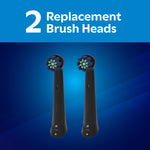 Two black Equate Trios brush heads shown under text '2 Replacement Brush Heads' on a blue gradient background.