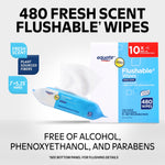 Product hero graphic of Equate Flushable Wipes box and an open pack with a pulled wipe and fresh scent callouts