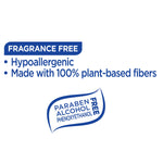 Close-up graphic stating fragrance free, hypoallergenic and made with 100% plant-based fibers with a free-from badge
