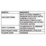 Ingredients and benefits table listing water, glycerin, witch hazel, aloe and other components.