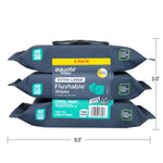 Three stacked Equate flushable wipes packs with a measurement overlay showing 9.0 by 5.0 inches dimensions.