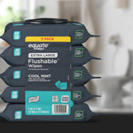 Stacked Equate Extra Large Flushable Cool Mint wipes in a blurred home setting, showing resealable lid and front label.