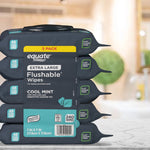 Stacked five-pack of Equate Extra Large Flushable Cool Mint wipes placed on a countertop with a blurred kitchen background.