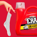 Close-up of a red ERA detergent bottle next to a hand holding a single white sock against a red background