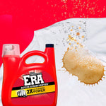 ERA detergent bottle with spilled stain graphic on a white shirt and red background, marketing splash image