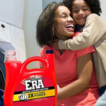 Smiling woman hugging a child near a washer with an ERA detergent jug prominently displayed in the scene