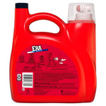 Rear view of a red ERA Oxibooster detergent jug showing instructional text, barcode and product back label