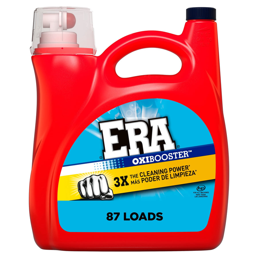 Red ERA Oxibooster laundry detergent jug with blue circular label reading ERA and 87 loads on white background