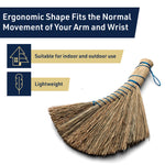 Straw whisk broom displayed with graphics highlighting ergonomic shape and text noting indoor/outdoor use and lightweight features.
