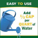 Graphic with a blue watering can and text instruction to "Add 1/2 Cap per Quart of Water" for product use