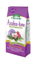 Espoma Organic Azalea-tone bag with purple and white packaging and floral illustration for azaleas and rhododendrons.