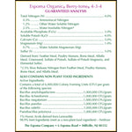 Guaranteed analysis label for Espoma Organic Berry-tone showing nutrient breakdown and active ingredients