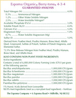 Guaranteed analysis panel for Espoma Berry-tone 4-3-4 listing nutrient breakdown and ingredient sources