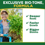 Promotional graphic showing a person holding root-bound plants beside copy highlighting Bio-Tone formula benefits