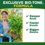 Graphic titled “Exclusive Bio-Tone Formula” showing a person holding a root ball and checklist: deeper roots, faster growth, bigger blooms.