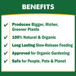 Green benefits panel listing advantages like 100% natural & organic and long lasting slow-release feeding