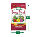 Espoma Organic Blood Meal bag with dimensional callouts showing 12" height and 7" width over white background