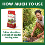 How much to use panel showing a product bag image on the left and a person gardening on the right with feeding directions note