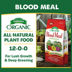 Promotional graphic showing Espoma Organic Blood Meal branding, N-P-K 12-0-0 callout and product bag in garden setting