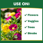 Use-on panel with a close-up photo of flowering plants on left and checklist naming flowers, veggies, trees, shrubs