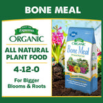 Promotional graphic showing Espoma Organic Bone Meal branding, NPK 4-12-0 and product bag beside flowers