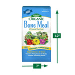 Front view of Espoma Organic Bone Meal bag with green measurement arrows indicating 7" by 12" size