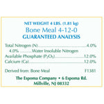 Close-up label panel listing guaranteed analysis for Espoma Bone Meal 4-12-0 with company address