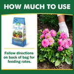 How much to use panel with small product bag image and photo of gloved hand tending pink flowering plants