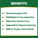 Text infographic listing benefits for Espoma Garden Lime including turning hydrangeas pink and pelletized application