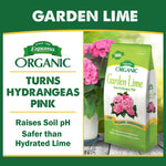 Promotional graphic featuring Espoma Organic Garden Lime bag beside a pink hydrangea and benefits text