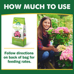 Usage graphic showing Espoma Garden Lime bag at left and a smiling woman tending pink hydrangeas at right