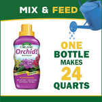 Marketing graphic showing Espoma Organic Orchid! bottle and text "One bottle makes 24 quarts" with watering can illustration
