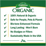 Green and white Espoma organic feature panel listing benefits like "100% Natural & Organic" and "Safe for People, Pets & Planet"