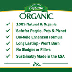 Espoma Organic brand panel listing product benefits like 100% natural, safe for people, pets & planet