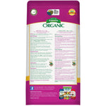 Back of Espoma Organic Berry-tone bag with usage instructions, certifications and small product collage at bottom