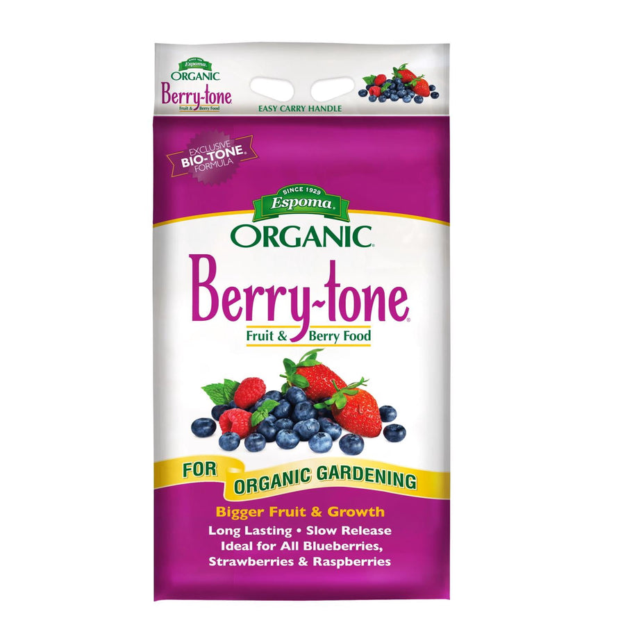Front of Espoma Organic Berry-tone fertilizer bag with berry illustration and purple-white design
