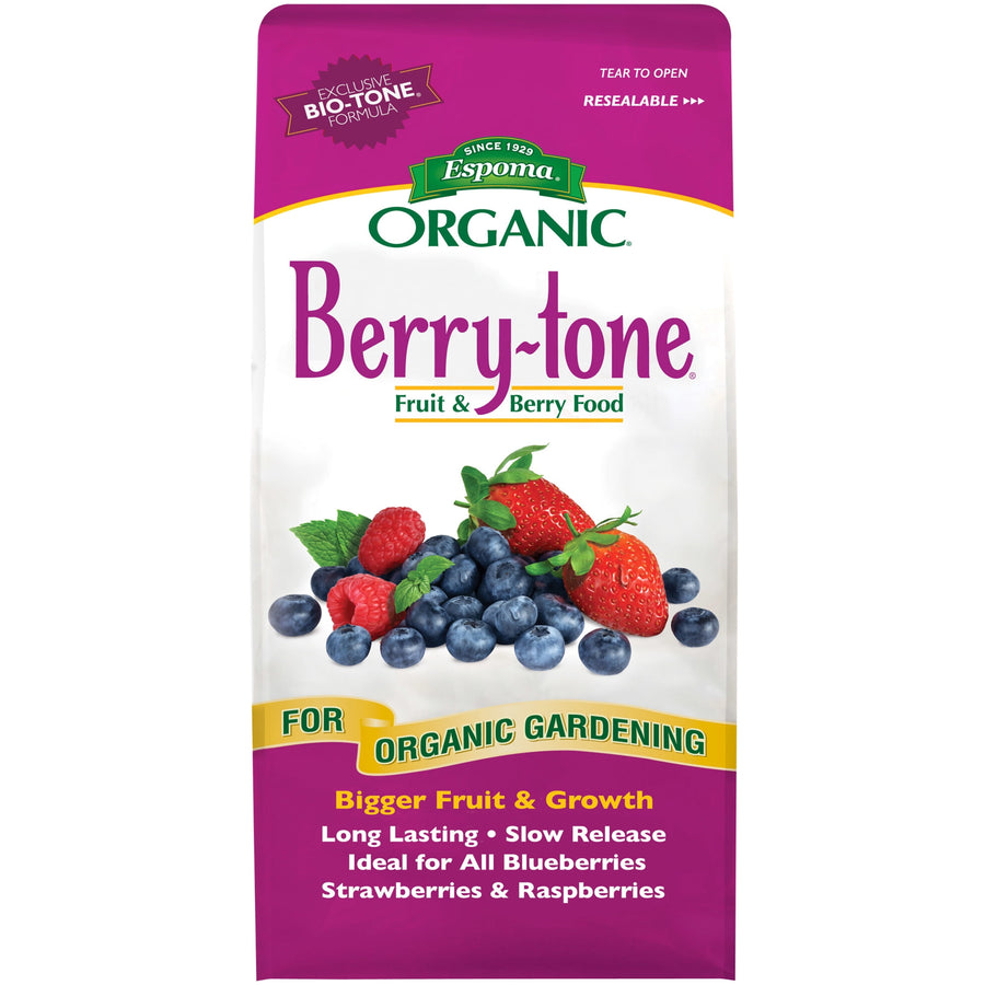 Front photo of Espoma Organic Berry-tone package showing strawberries, raspberries and blueberries with product name