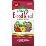Front-facing Espoma Organic Blood Meal bag showing colorful flower illustration and product name for organic gardening