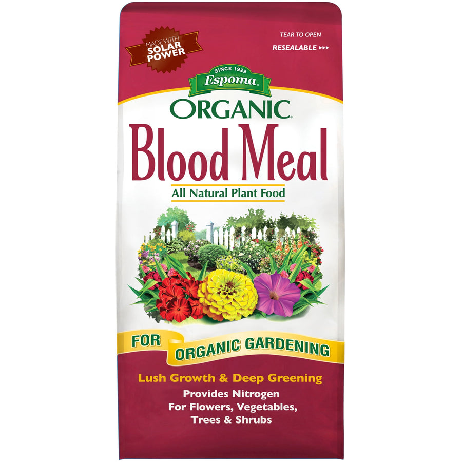 Front-facing Espoma Organic Blood Meal bag showing colorful flower illustration and product name for organic gardening